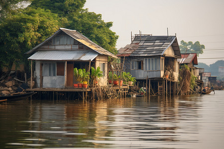 在河上有一座传统的木屋建筑高清图片