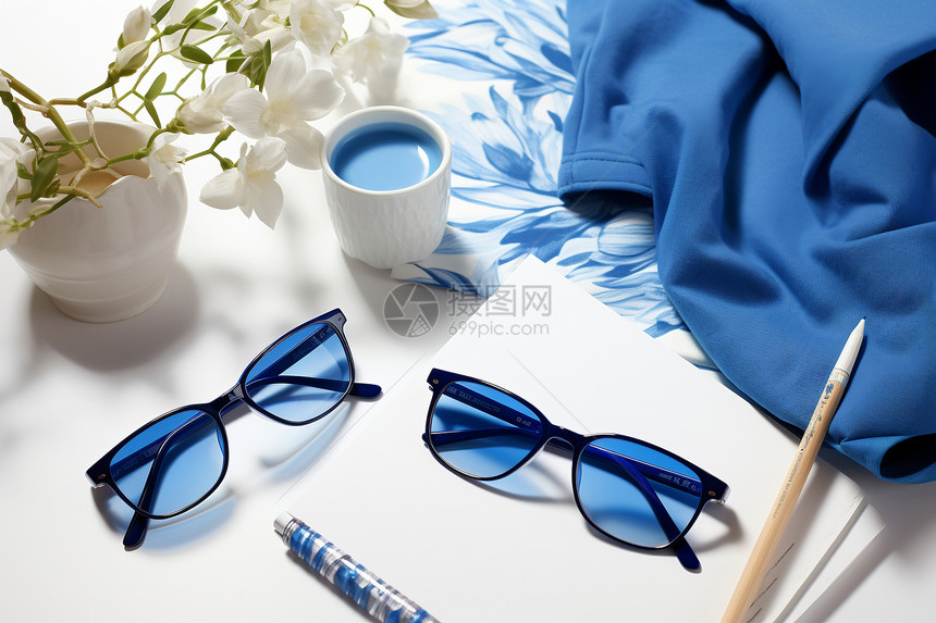 蓝色的眼镜在白色的桌子上图片