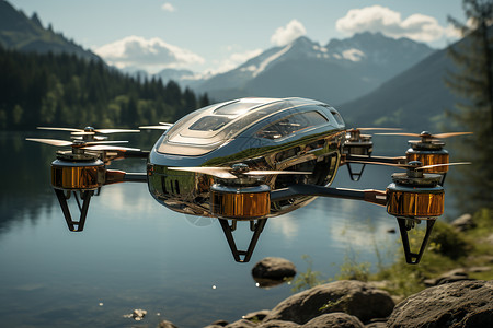 山间湖泊上飞行的无人机背景图片