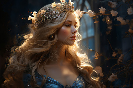 皇冠黑的素材黄金发辫戴着皇冠的少女（关键词优化）插画