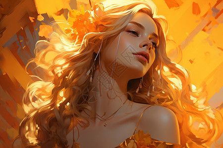 橙色闪耀光芒金色光芒照耀下的女孩插画
