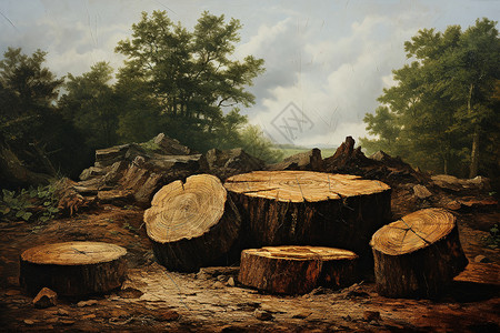 砍伐的森林森林中的木材插画