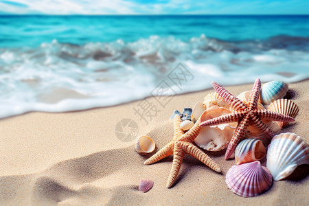 6月份户外沙滩上的海星贝壳背景
