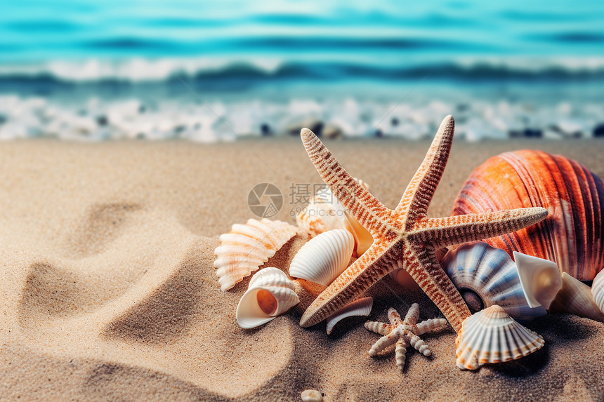 海滩上面的海星和贝壳图片
