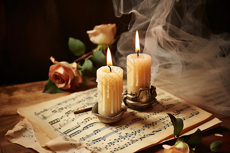 一支蜡烛乐谱上面的玫瑰花背景