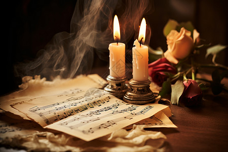 点燃纸张桌面上的蜡烛和纸张背景