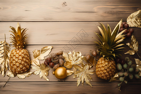 木桌上的金色菠萝高清图片