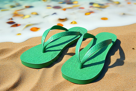 沙滩上的拖鞋沙滩上的美丽的绿色拖鞋背景