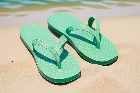 沙滩上简约的绿色拖鞋背景图片