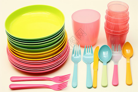 塑料碗多彩的塑料餐具背景