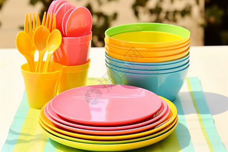 塑料碗桌面上的塑料餐具背景