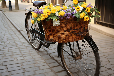 街道上自行车上的花朵高清图片