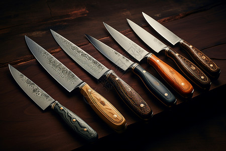 刀刃木桌上的厨房刀具背景