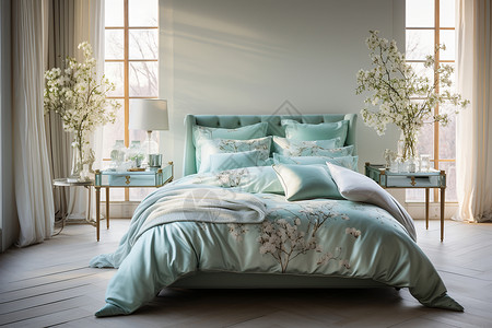 卧室的丝绸床品高清图片