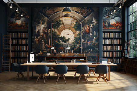 书架与外国书籍美丽的书房壁画设计图片
