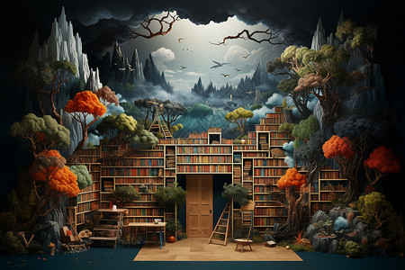 森林图书馆书幻想的森林书架插画