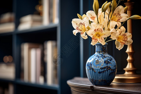 蓝色花瓶里的美丽花朵图片