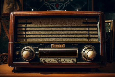 木桌上的复古收音机图片