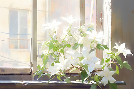 插在花瓶白花茉莉花盛开在窗台上插画