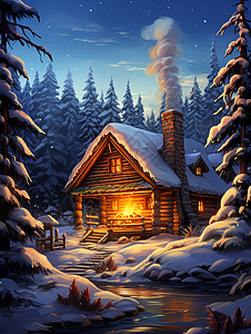 壁炉火焰声冬日林中温馨小屋插画