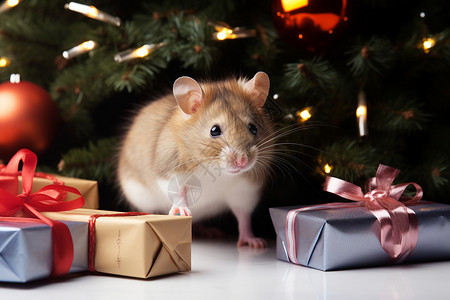 圣诞树旁边的仓鼠和礼物背景图片