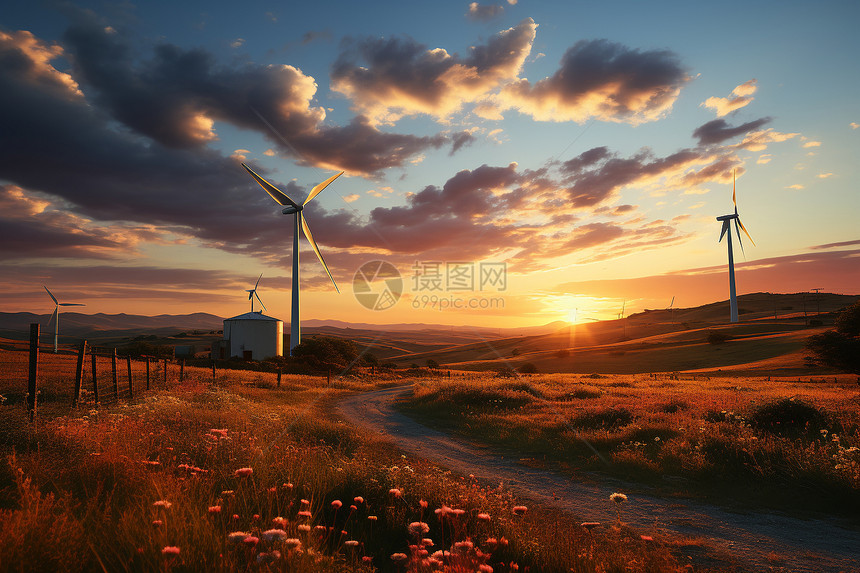 风力发电与壮美的夕阳图片