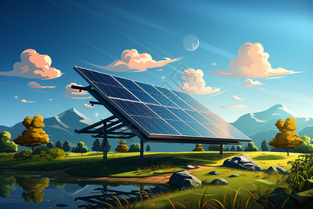 生态板太阳能板与美丽风景插画