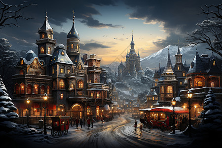 小镇的建筑梦幻城堡雪景高清图片