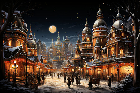 夜晚的小镇梦幻城堡雪景高清图片