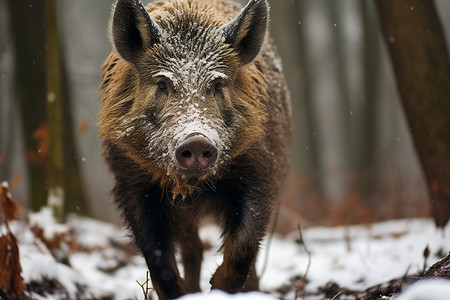积雪树林里的野猪背景图片