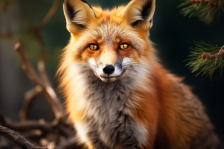 狡猾红狐狸在松树枝上图片