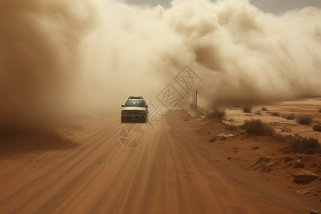 飞扬的尘土中驶来的汽车图片