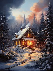 积雪中的小木屋图片
