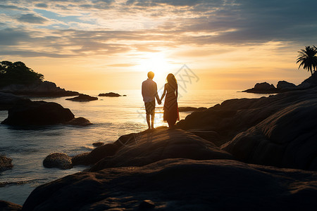 夕阳下爱人情侣手牵着手站在岩石上背景