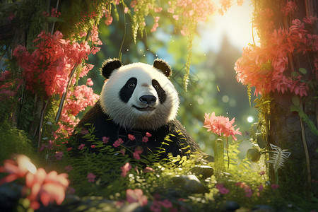 树缝间阳光花草间的熊猫插画