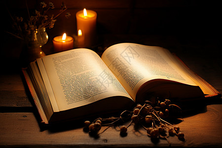 书籍旁的蜡烛图片