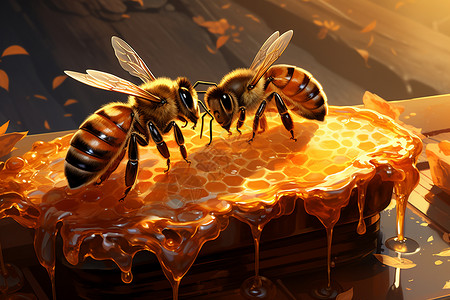 蜂密蜂巢中的蜜蜂和蜜糖插画