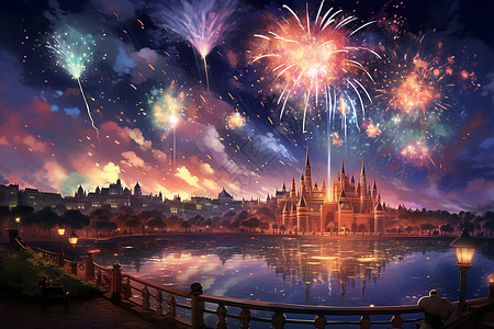 魔法城堡素材璀璨烟花夜空插画