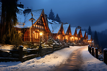 雪夜林间的小木屋图片