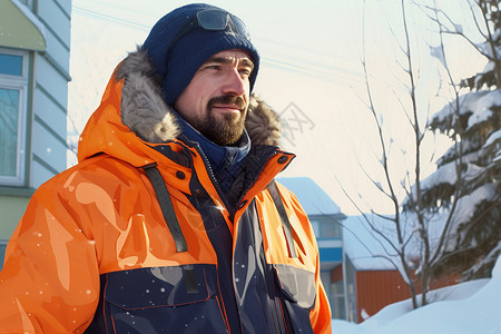 冬日穿着橙色外套的男子高清图片