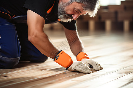 木地板安装工人在房间里工作高清图片