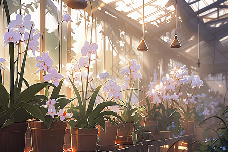 兰花透明素材阳光花房里的盆栽插画