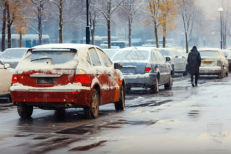 冬季汽车素材冬日里堵车的汽车背景