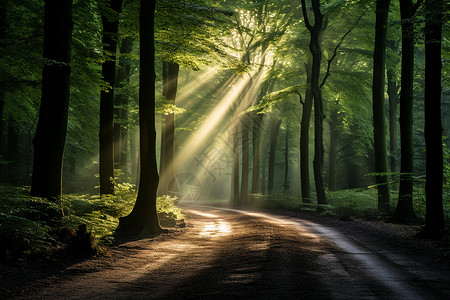 林中路阳光透过树林背景