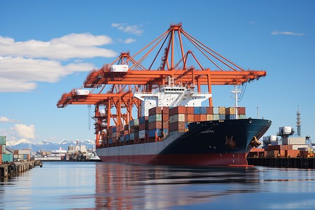 货物出口巨型货船在港口悬挂起重机背景
