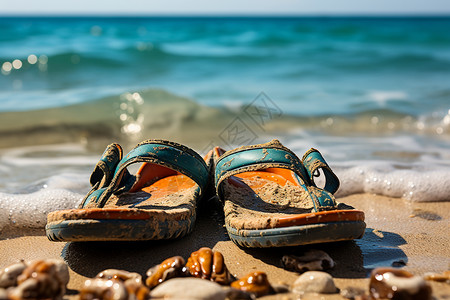 夏日海滩旁的一双凉鞋图片