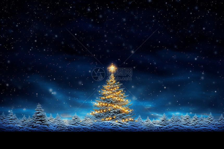圣诞夜星空下的圣诞树图片