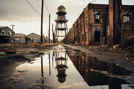 废弃工厂中的孤寂水塔高清图片