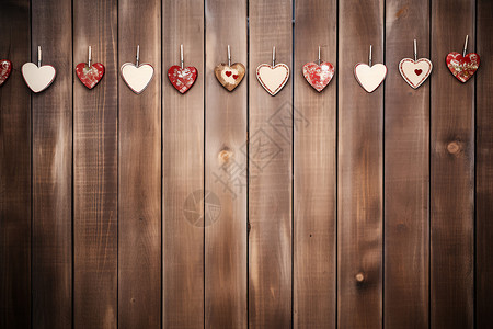 挂满爱心装饰的木质墙壁图片