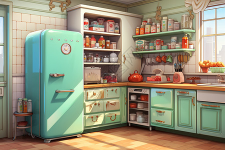 怀旧家具怀旧风味蓝色冰箱插画